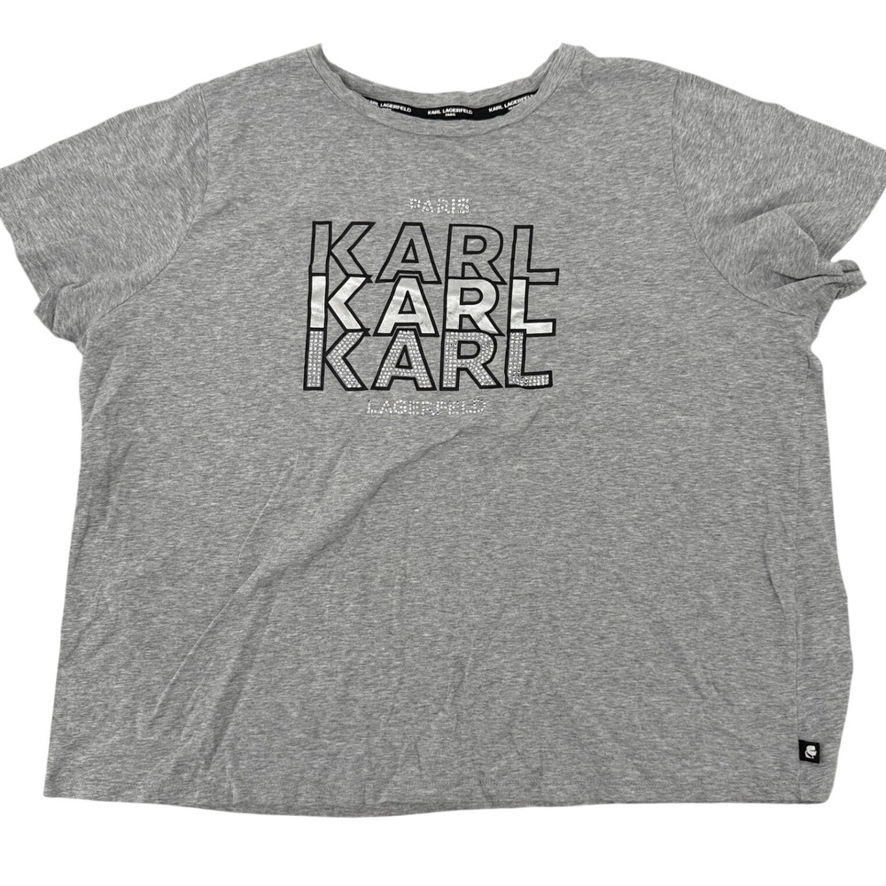 Karl Lagerfeld Paris Womens 2X Heather Grey Rhinestone Triple Karl Logo T-Shirt
